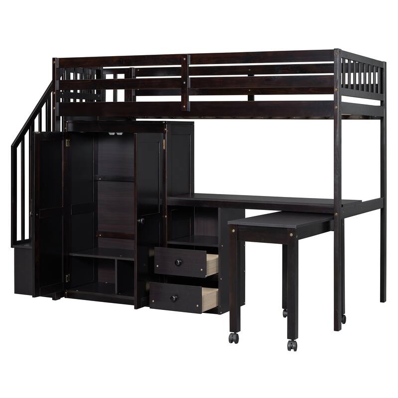 Space-Saving Loft Bed with Shelves Wardrobe, Movable table & Side Desk, Wooden Twin Bed Frmae wiht Storage Stairs & Two Drawers
