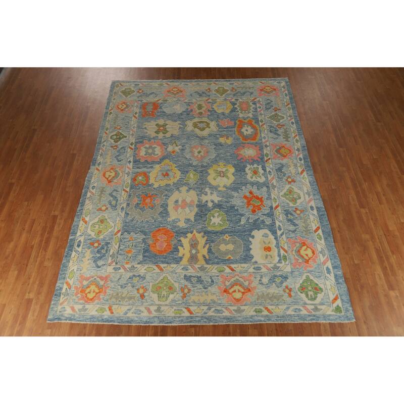 Hand Knotted Oriental 100% Wool Carpet Transitional All-Over Navy Blue & Blues Oushak Area Rug - 12' 9'' X 9' 4''