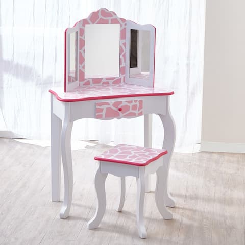 Teamson Kids- Fashion Giraffe Prints Gisele Play Vanity Set-Pink/White