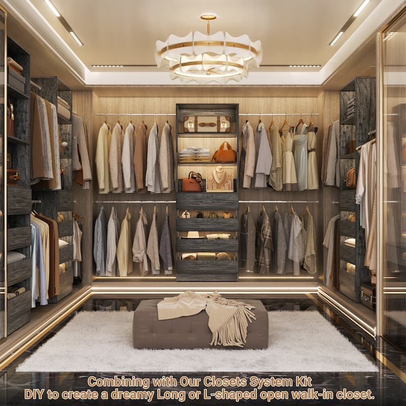Modular Closet System Wardrobe Organizer 4 Adjustable Hanging Rods + 4 Wooden Drawers, Space-Saving for 4-9Ft Closets