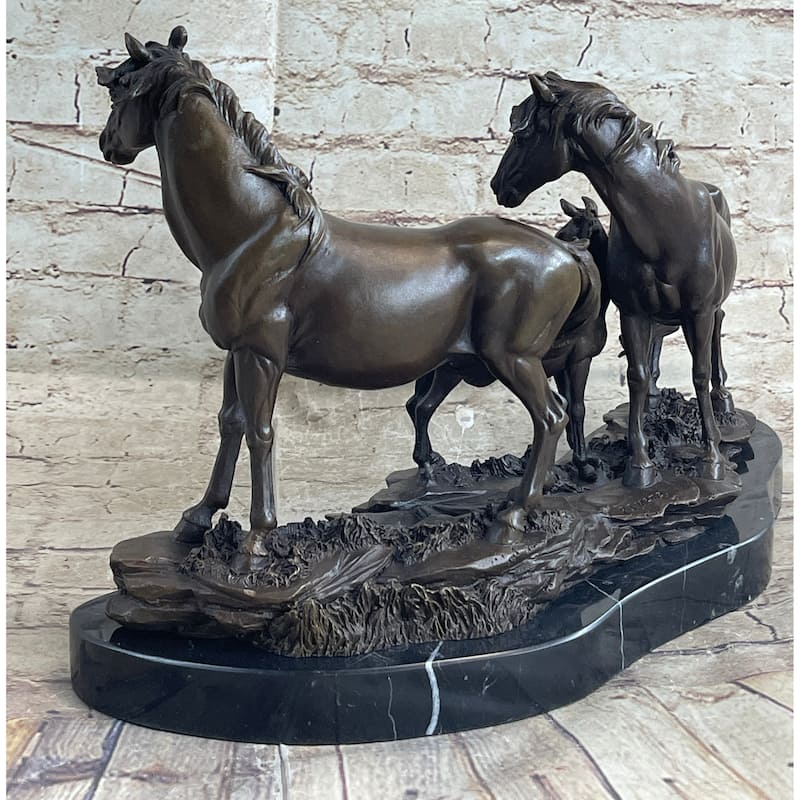 Signed Mene Horse Family Bronze Sculpture Art Deco Marble Base Figurine Figure