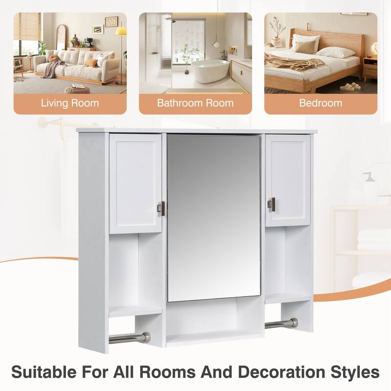 GDFStudio - Auburn Modern Wall-Mounted Bathroom Storage Cabinet with Mirror and Towels Bar - 35'' x 28''
