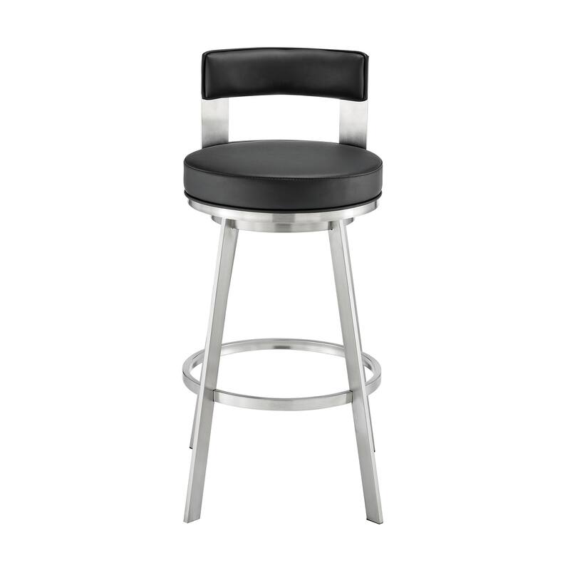 Ami 26 Inch Swivel Counter Stool Chair, Black Faux Leather, Stainless Steel