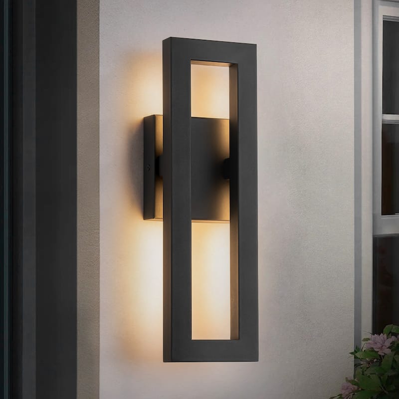 14 in. Modern Black Linear Square Outdoor Wall Light Integrated LED Waterproof Lantern Wall Sconce - Black