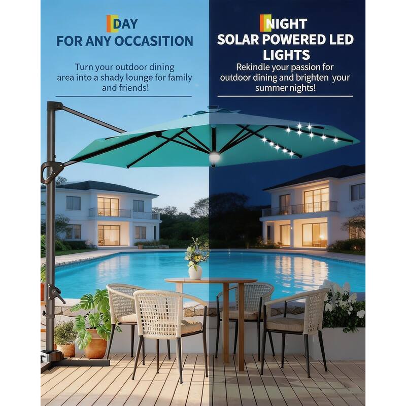 10FT Outdoor Cantilever Umbrella, 360-Degree Rotation, with LED