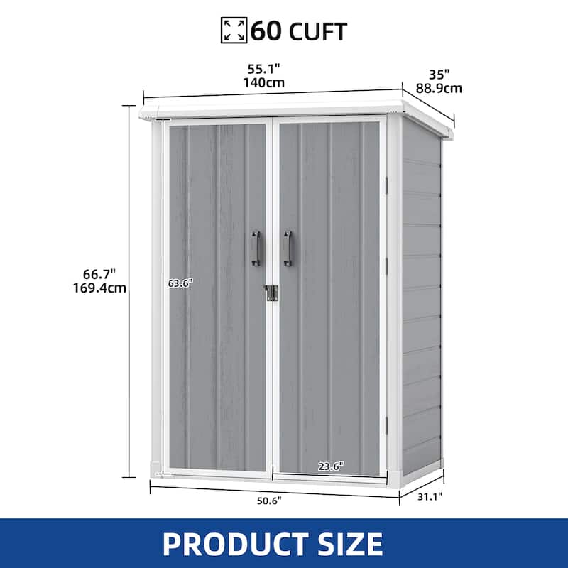 60 Cuft Outdoor Tall Storage Shed with 2 Shelves - N/A - Grey