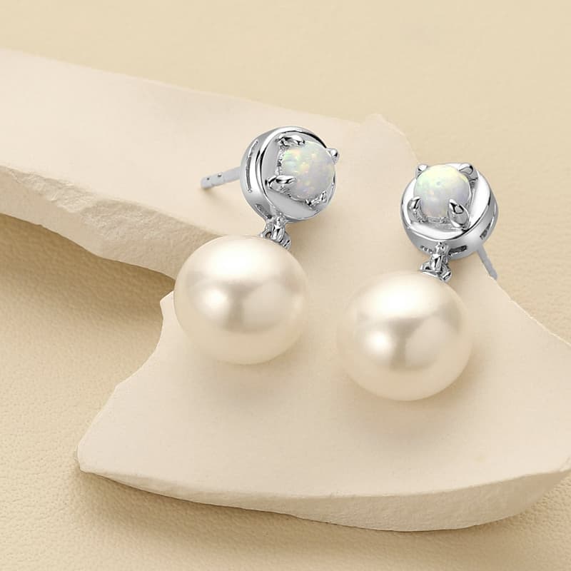 Freshwater Pearl and White Opal Birthstone Sterling Silver Drop Earrings