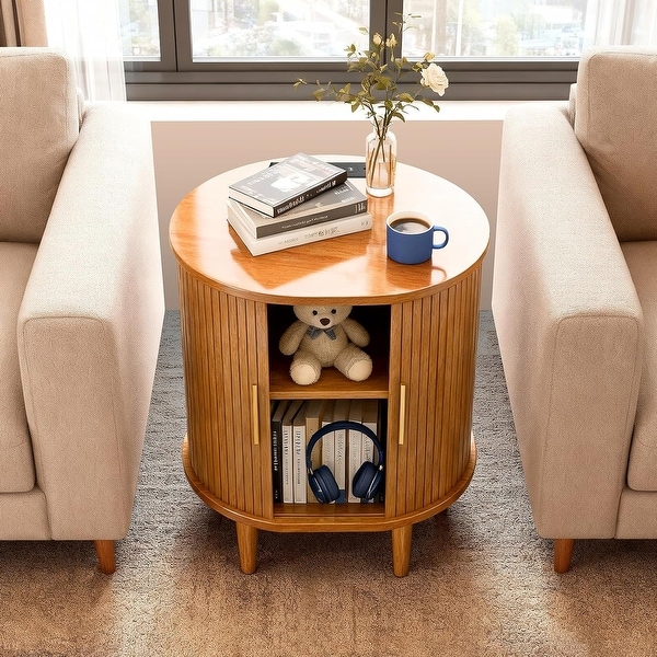 Mid Century Nightstand with Charging Station, Fluted Design