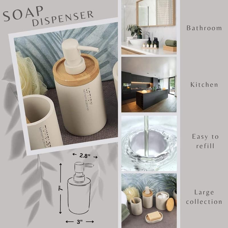 Elegant Soap Dispenser - Polyresin and Bamboo Design, Refillable Liquid Pump - 3 L x 3 W X 7 h