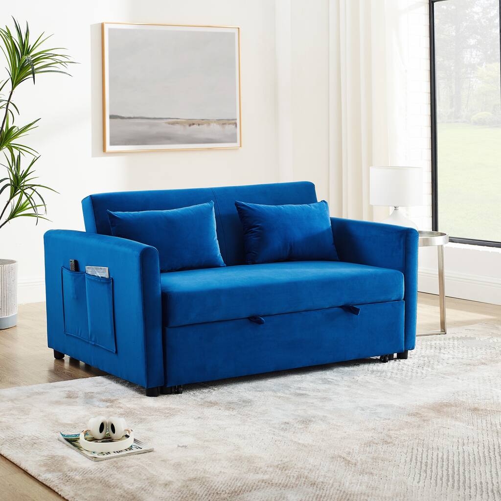 54" Velvet Pull Out Loveseat Bed Convertible Sleeper Couch Bed with Lumbar Pillows and Side Pocket for Living Room