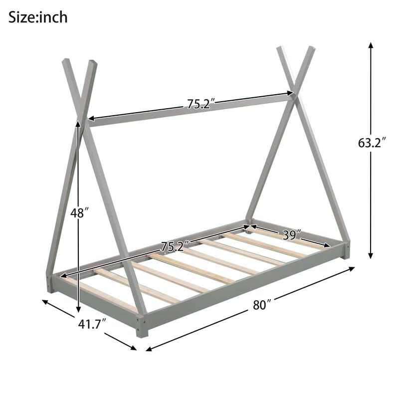Twin Size House Platform Bed with Triangle Structure, Pine Wood Frame, Ideal for Kids
