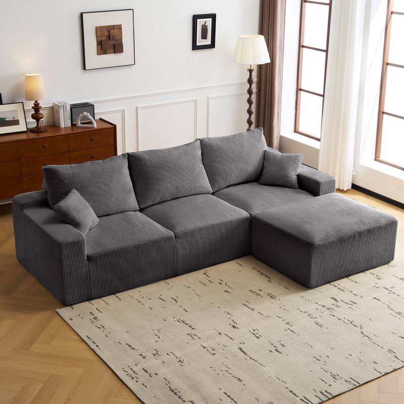 110" L-Shaped Sectional Sofa, Full-Compression 3-Seater Cloud Couch with Chaise, No Assembly, Corduroy Grey