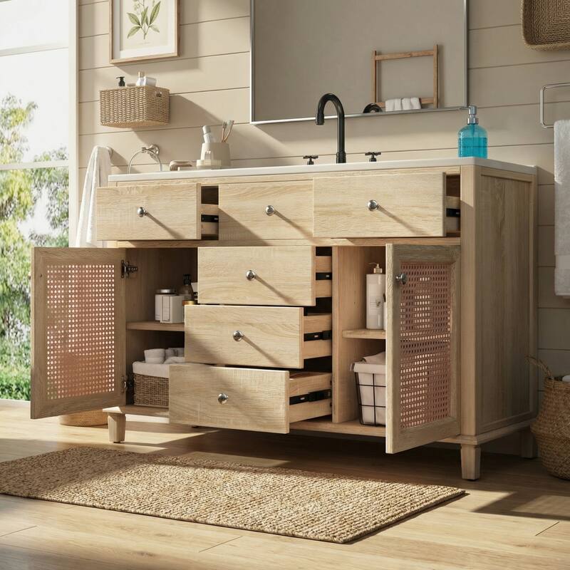Christopher Knight Home - Modern Handwoven Rattan Bathroom Vanity with Ceramic Sink, Soft-Close Storages & Adjustable Shelving