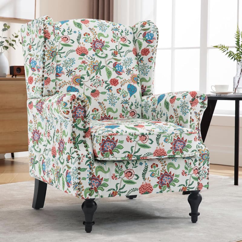 HOMYKA 29'' Wide Floral Pattern Wingback Accent Armchair with Nailhead Trim