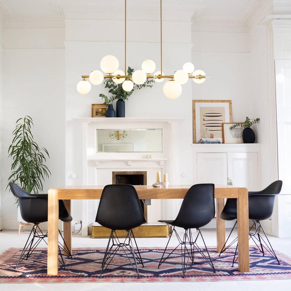 Mid-Century Luxe Milky Glass Globe Linear Chandelier Crystal Accents