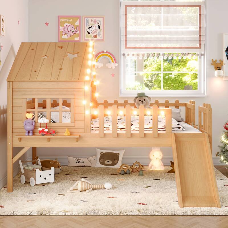 Full Size House Loft Bed with Slide,Playhouse Bed with Star Moon-shaped Designs and Window, Chic Design with LED Lights