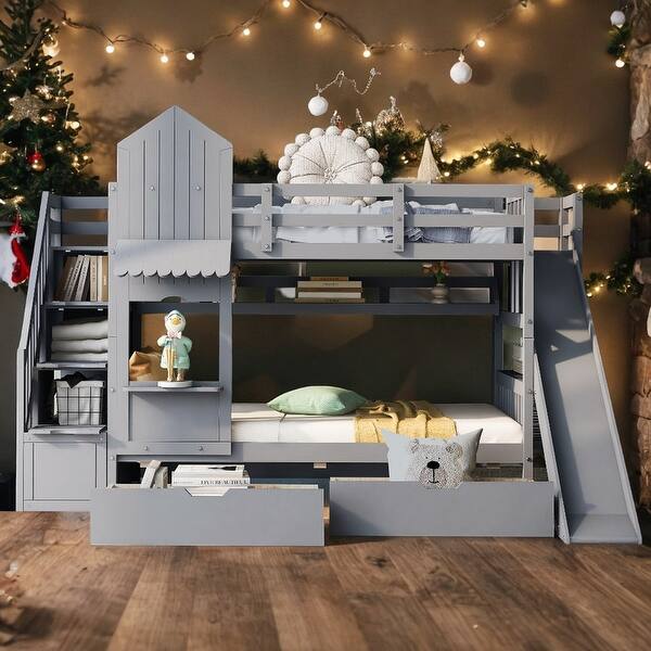 slide 2 of 30, Twin over Twin Castle Bunk Bed with Drawers, Shelves and Slide, Gray Grey