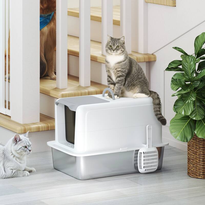 PawHut Stainless Steel Cat Litter Box, Extra Large 2 in 1 Kitty Litter Box with Removable Lid & Scoop, Filter Bags, White
