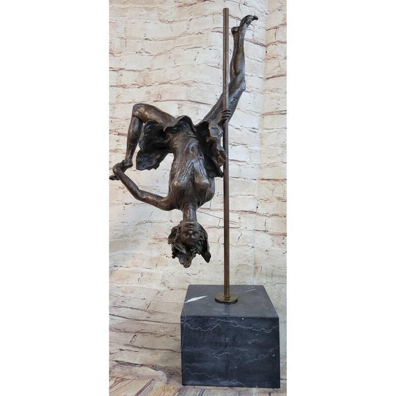 Girl Dancing On A Pole Acrobatic Figure Bronze Sculpture Statue On Marble Base