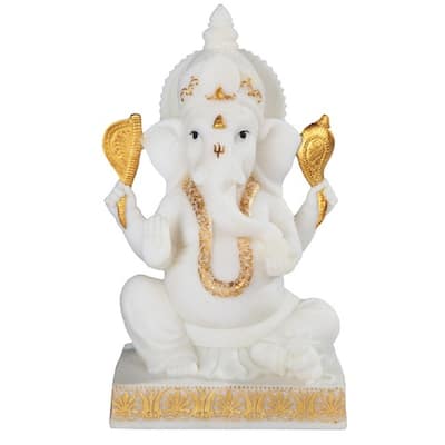 Q-Max 10.25"H White and Gold Ganesha Statue Feng Shui Decoration Religious Figurine