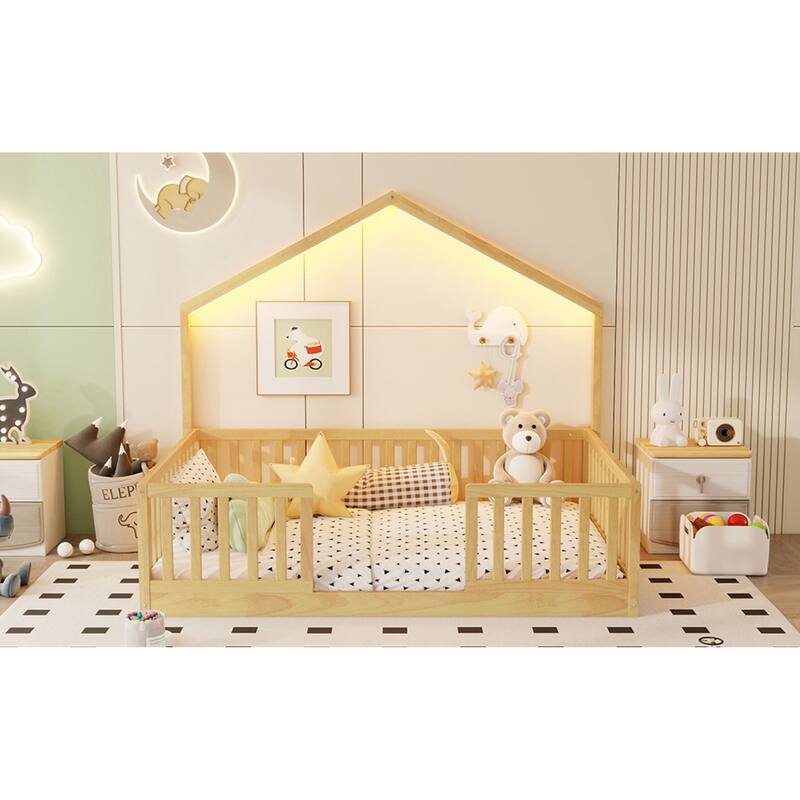 Roomfitters Twin/Full Floor Platform Bed, House Frame and LED Light with Wooden High Rails for Bedrooms or Guest Rooms