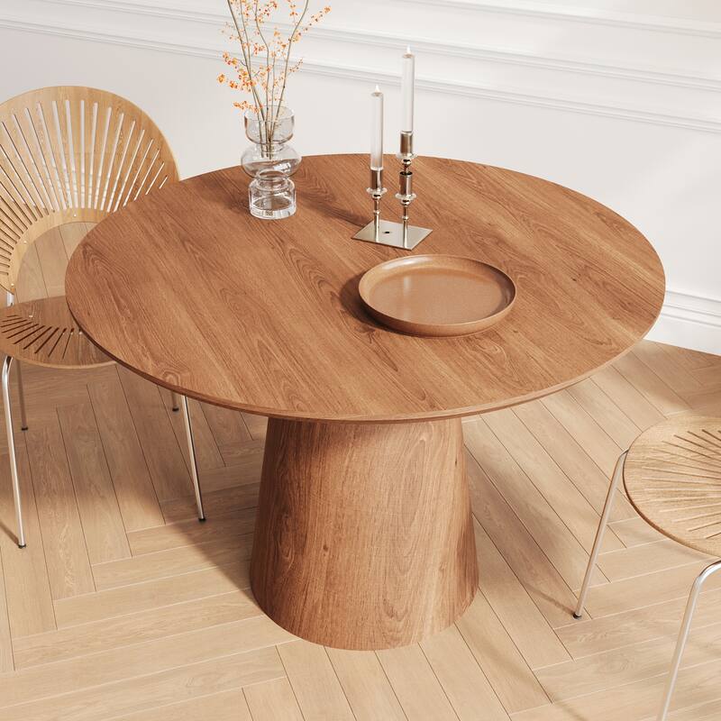 Round Dining Table for 4-6, Natural Wood Grain Dining Table with Cone Wood Pedestal Base, Rustic Minimalist Dining Table