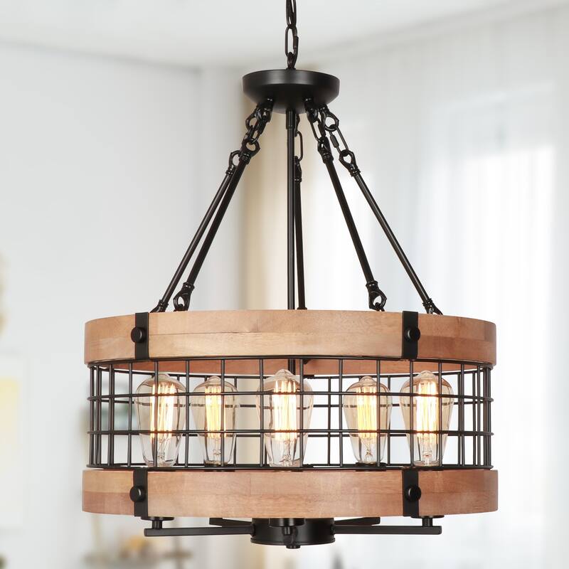 Anmytek Modern Farmhouse 5-Light Wood Cage Chandelier Drum Pendant Lights for Dining Room - 19.6" D x 22.3" H