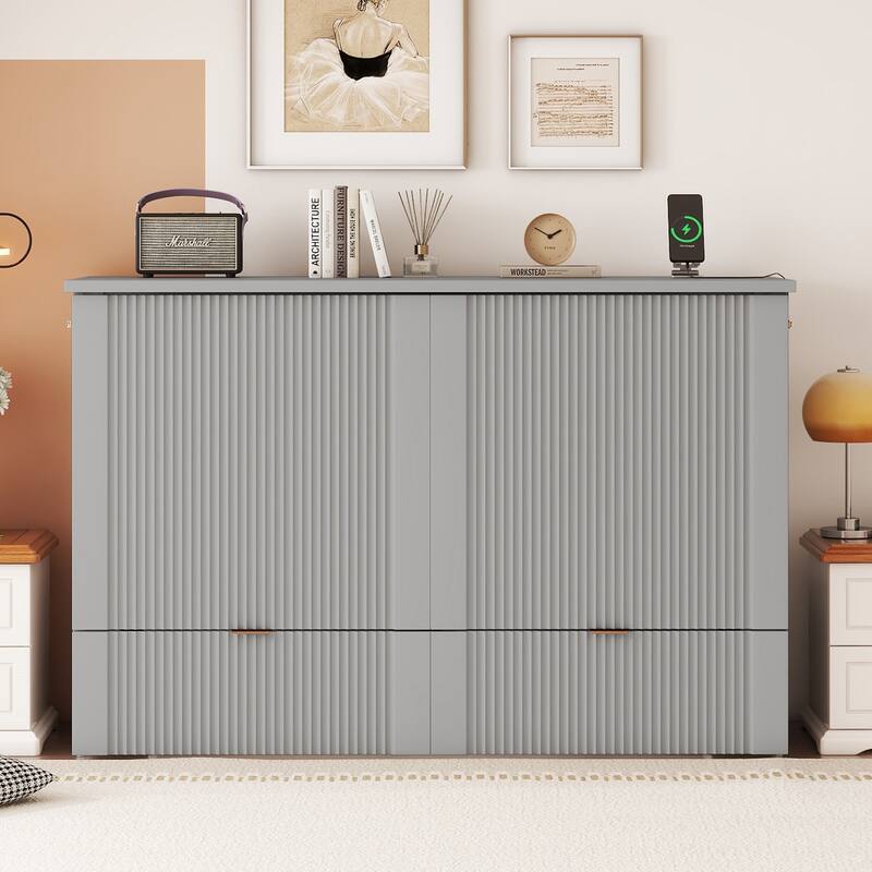Murphy Bed with Pulley Structure Design,Drawer and USB Ports for Bedroom