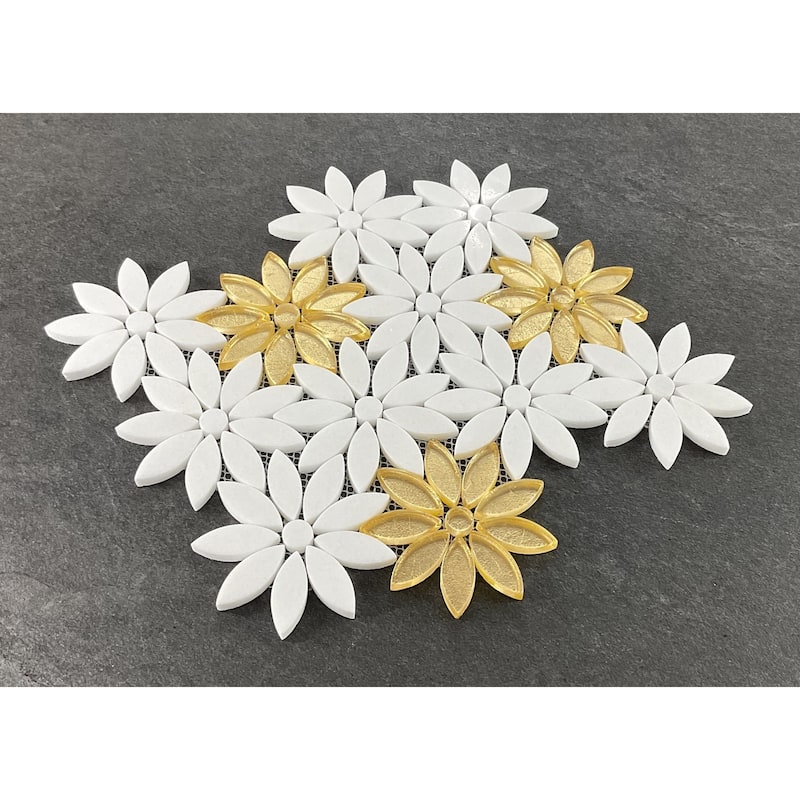 Thassos White Marble And Gold Glass Daisy Wall Mosaic Tiles - Case (10 Sheets)