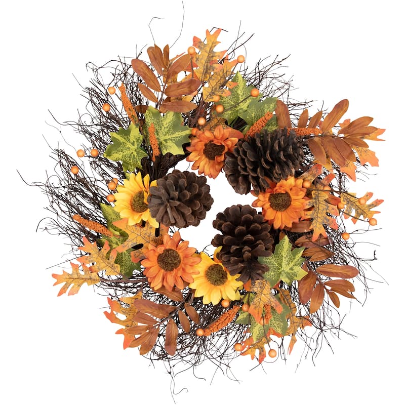 Sunflowers Pine Cones Fall Artificial Thanksgiving Wreath, 24", Unlit