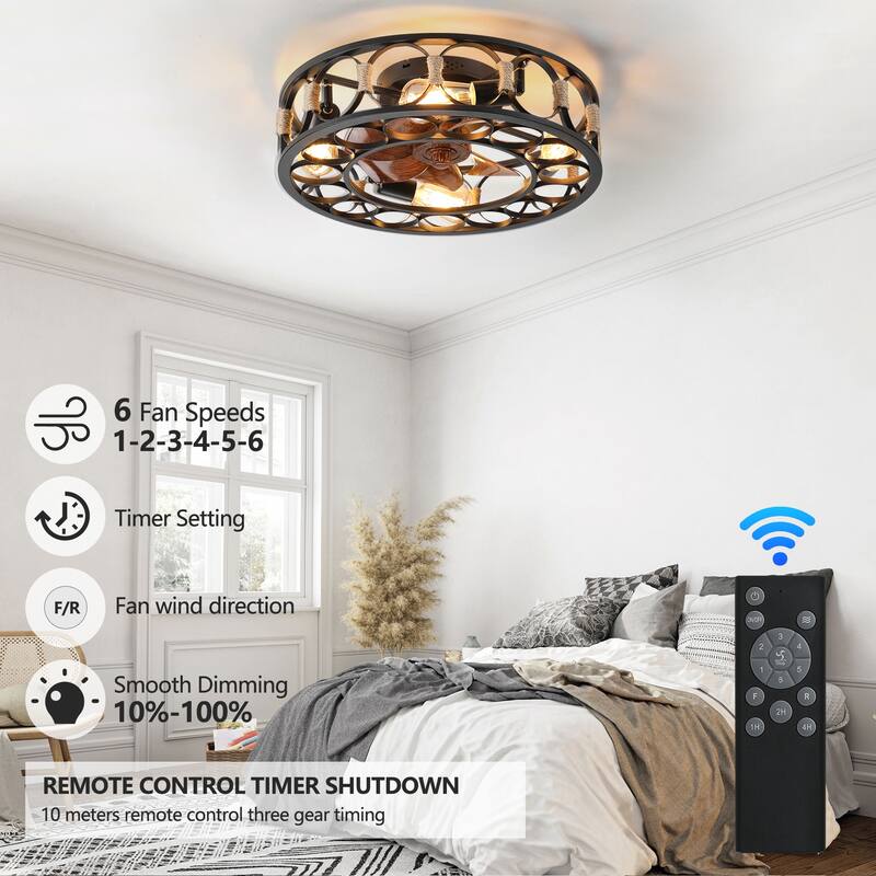 20 in. Indoor Caged Ceiling Fan with Lights Remote Control 6 Blades, Low Profile Flush Mount Ceiling Fan,4 LED Bulbs Include