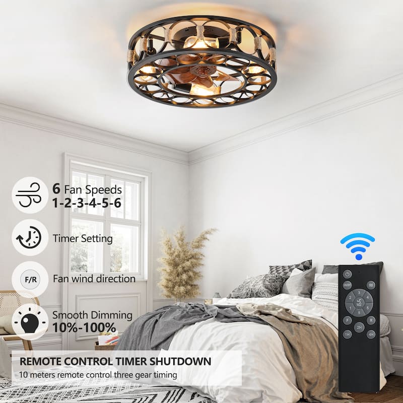 Caged Ceiling Fan with Lights Remote Control,Low Profile Flush Mount Ceiling fans,6 Speeds Reversible Blades,5 LED Bulbs Include