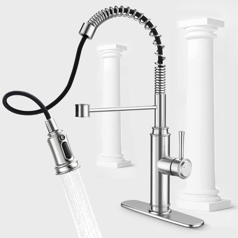 Single Handle 3 Function Modes Brushed Nickel Kitchen Sink Faucet with Pull Down Sprayer Kitchen Faucet with Deck Plate - Brushed Nickel