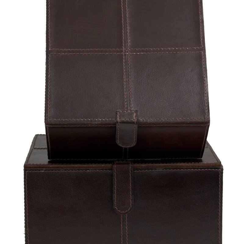 Dark Brown Leather Storage Box with Snap Front Closure and Detailed Stitching (Set of 2)