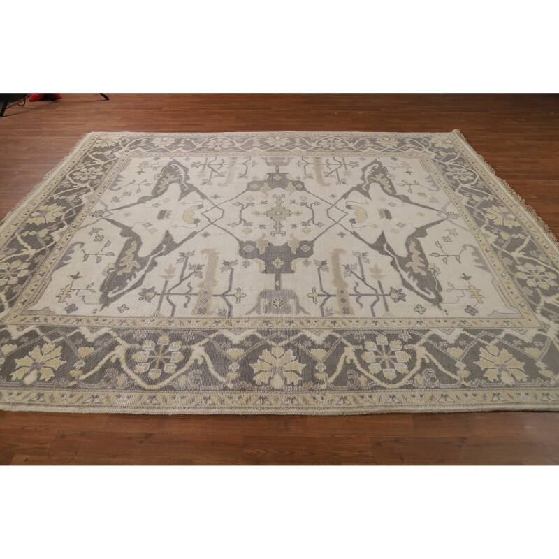 Floral Ivory Oushak Indian Area Rug Hand-Knotted Wool Carpet - 8'3" x 9'8"