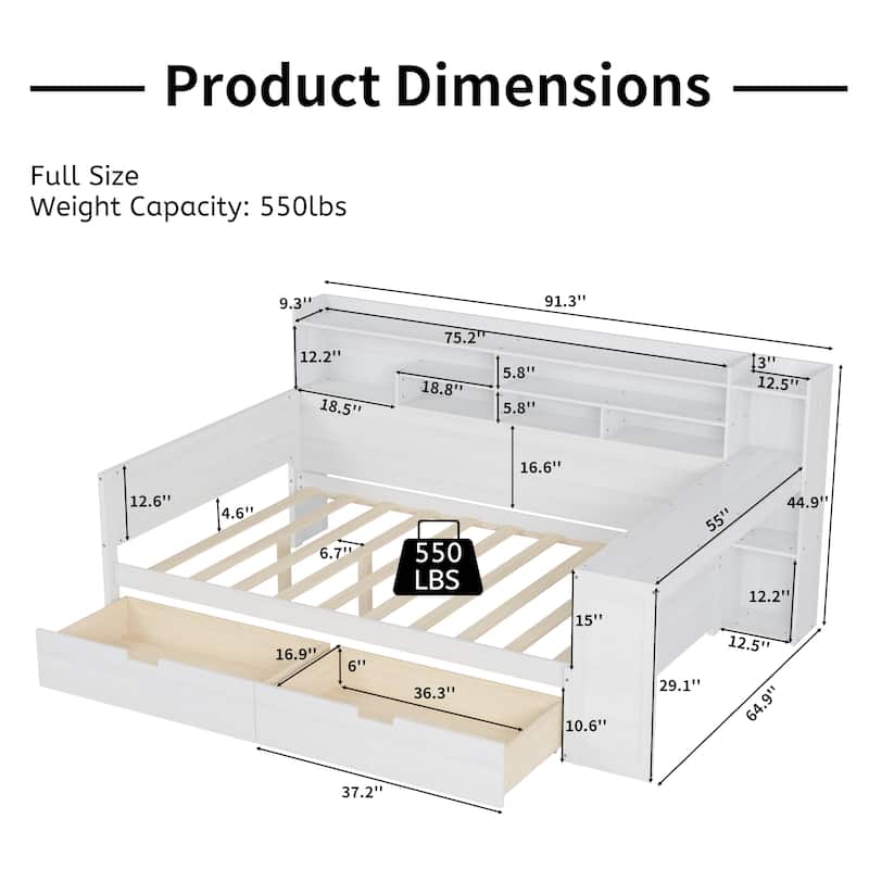 Antique White Full Size Wooden Daybed with Storage Shelves, Drawers & Study Desk