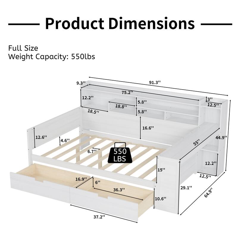 Full Size Wooden Daybed Platform Bed with Recessed Desk Storage Shelves and 2 Drawers Under Bed for Compact Spaces, Bedroom