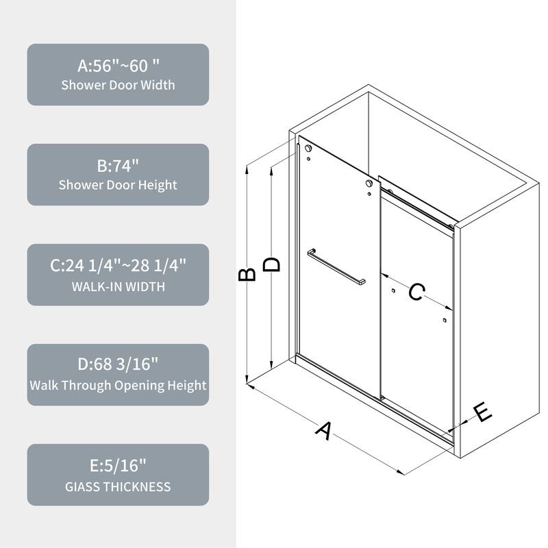60''W x 74''H Frameless Double Sliding Shower Door with Stainless Steel Hardware - 60'' x 74''