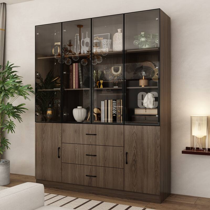LED-Lit Wood Grain Cabinet - Configurable Storage for Home or Office