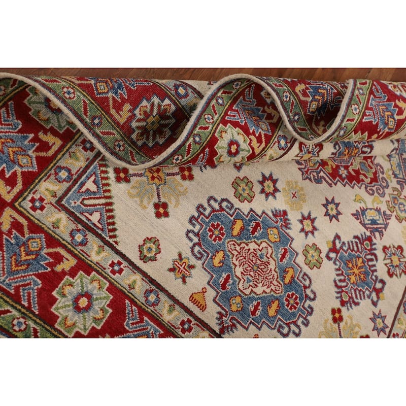 Beige Geometric Kazak Oriental Area Rug Hand-Knotted Wool Carpet - 5'1" x 6'6"
