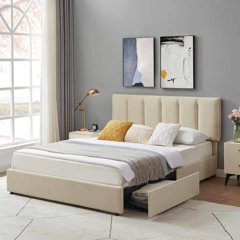 Javlergo Bed Frame with Storage Drawers, Upholstered Platform Bed Frame with Adjustable Headboard