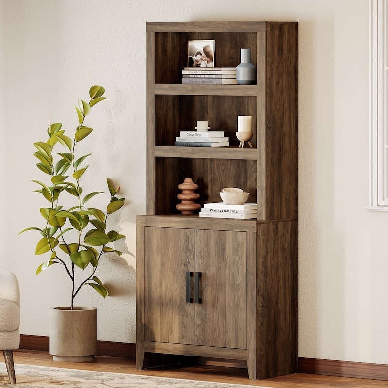 74" Tall Bookshelf with Door, Farmhouse Bookcase with Adjustable Shelf and Storage Cabinet for Living Room, Office