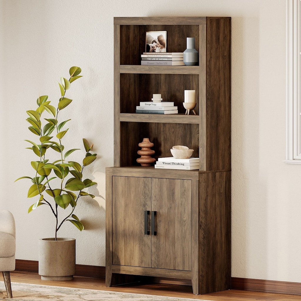 74" Tall Bookshelf with Door, Farmhouse Bookcase with Adjustable Shelf and Storage Cabinet for Living Room, Office