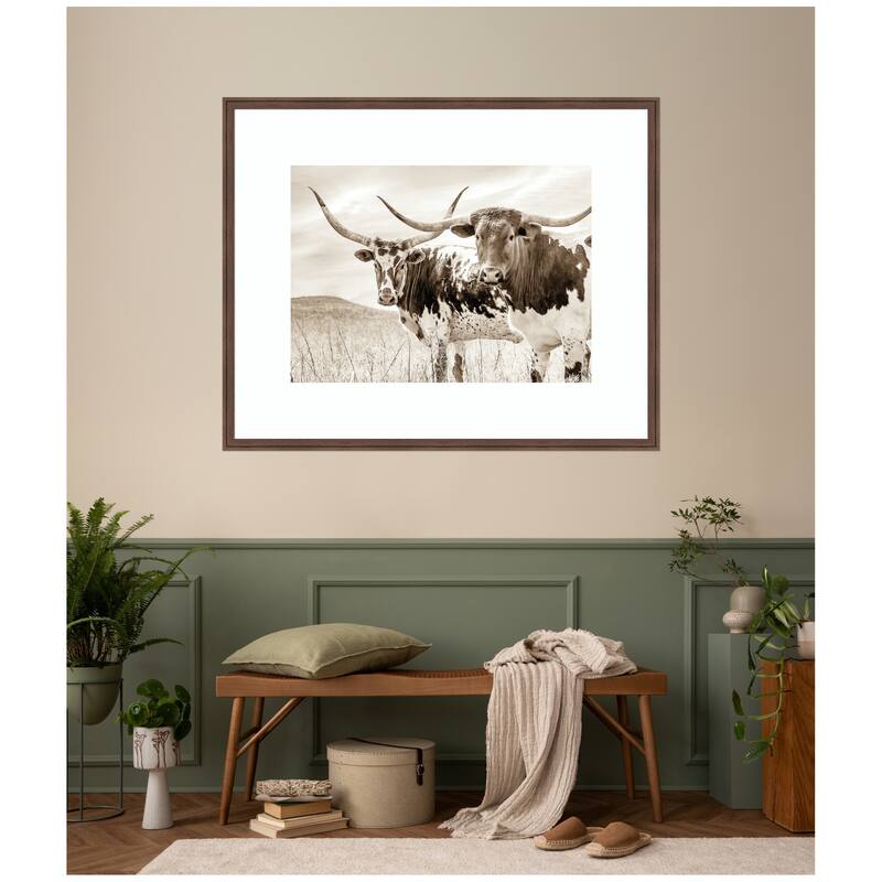 Kate and Laurel Sepia Texas Longhorn Cattle in Pasture by The Creative Bunch Studio Framed Wall Art Print
