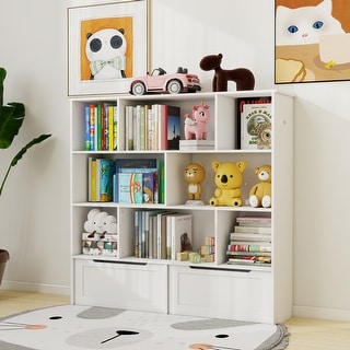 Toy Storage Organizer with 2 Movable Drawers, Multi-Functional 7 Shelf Kids Bookcase with 2 Hooks, Children Book Shelf