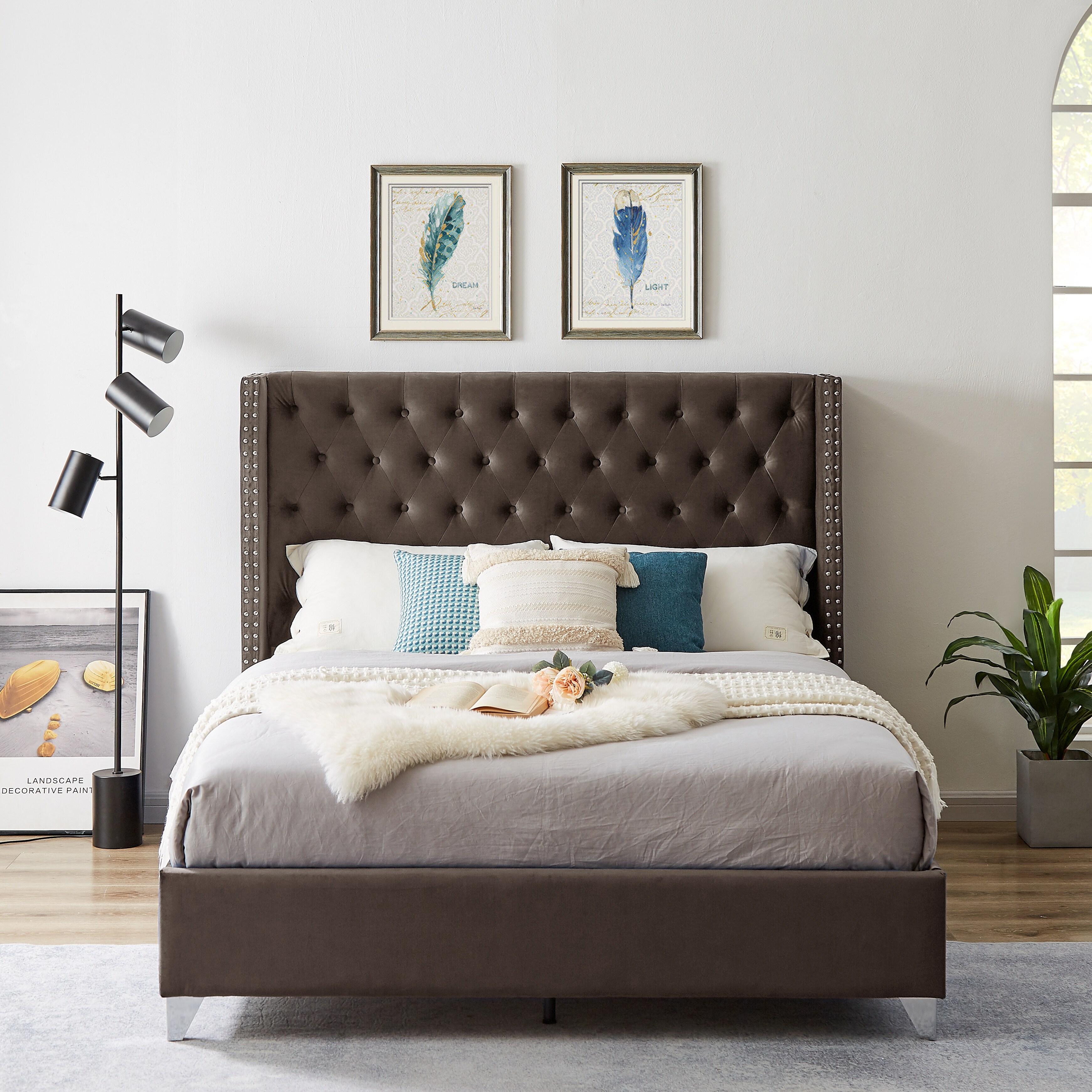 Modern Velvet Upholstered Bed with Button Designed Headboard Strong Wooden Slats Queen