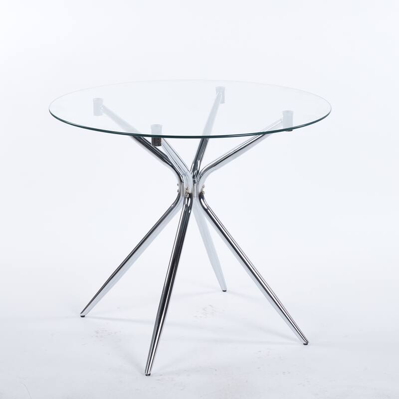 Modern Round Glass Dining Table 2 to 4 Person, Kitchen Table with Tempered Glass Top & Metal Legs for Dining Room, Living Room - Chrome