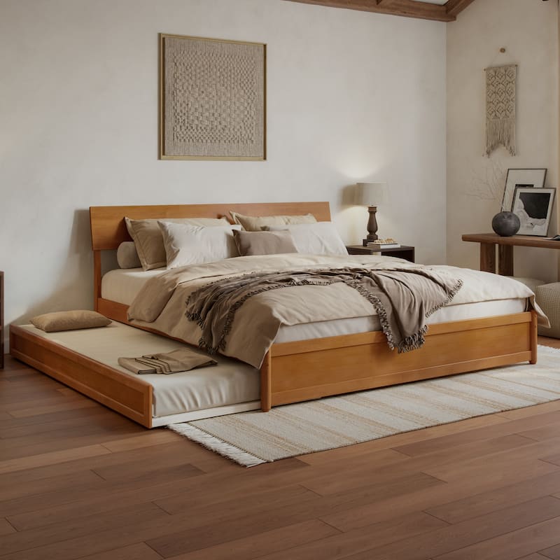 Norla Wood Platform Bed with Trundle - Light Toffee - King