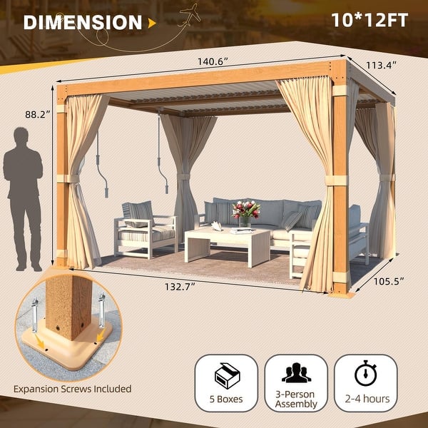 dimension image slide 7 of 30, EROMMY Outdoor Louvered Pergola Gazebo with Adjustable Aluminum Rainproof Roof
