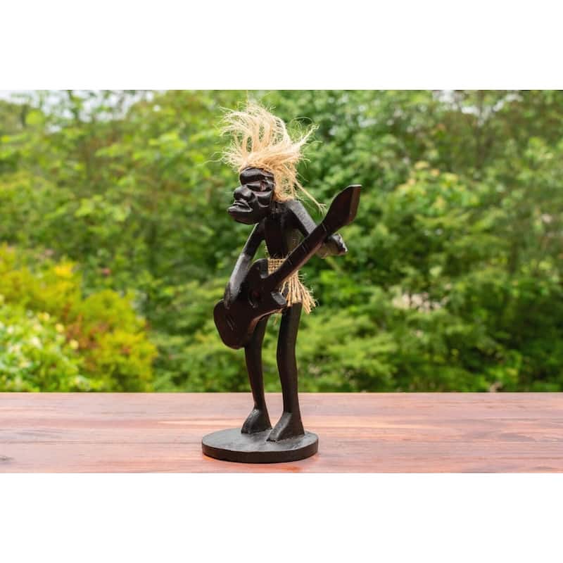 Handmade Wooden Primitive Guitarist Tribal Funny Statue Sculpture Tiki Bar Handcrafted Gift Decor Playing Guitar Standing Up
